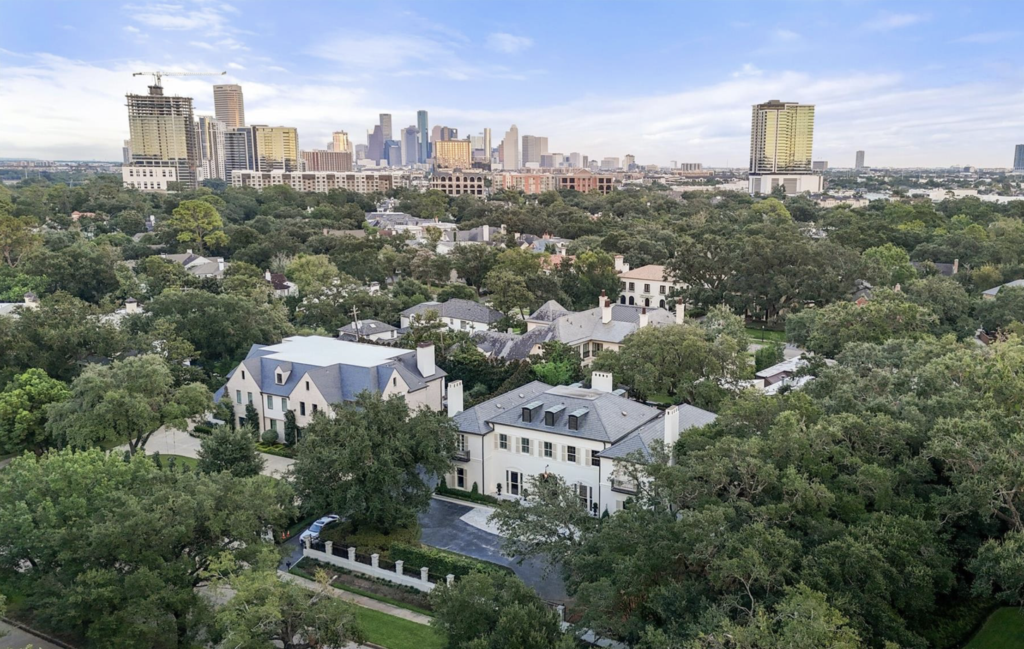 The aerial view of the River Oaks mansion at 1069 Kirby Drive.